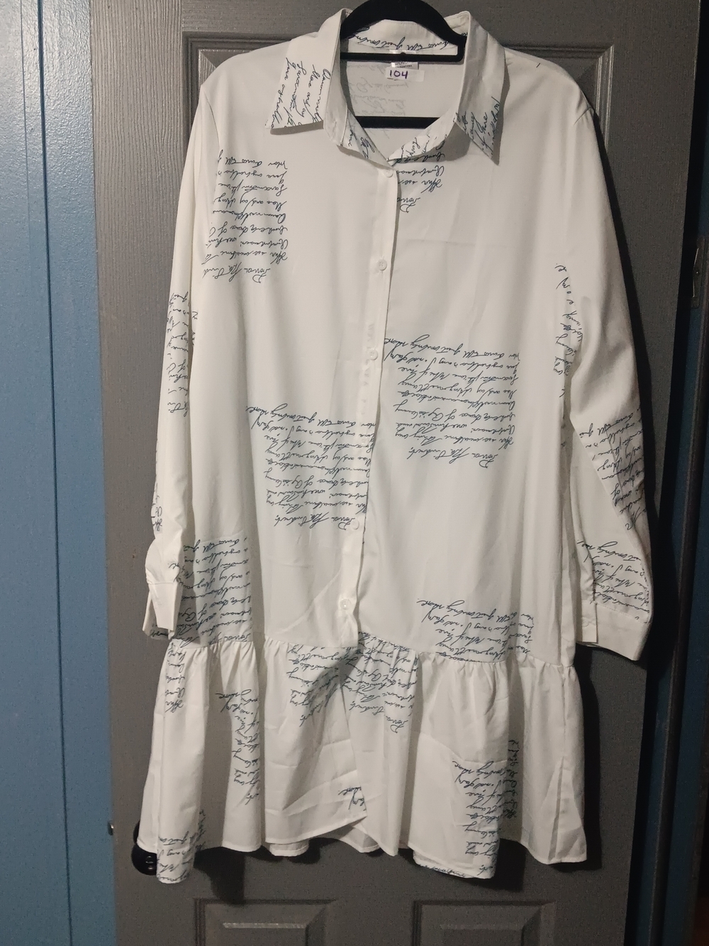 White Script Print Button-Down Tunic Dress